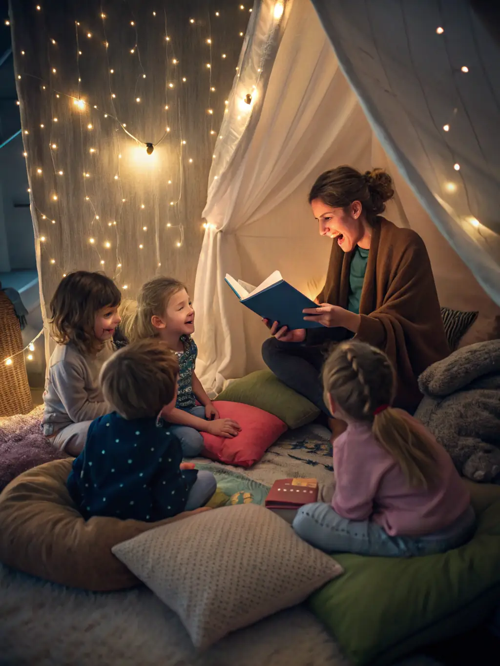 A photograph of a group of children participating in a reading program at LES AMIS DU LIVRE. The image should show the children's faces lit up with excitement as they listen to a storyteller, surrounded by colorful books and a welcoming environment.