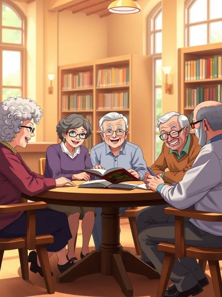 A photograph of a senior citizen participating in a book club meeting at LES AMIS DU LIVRE. The image should capture the warmth and camaraderie of the group as they discuss literature, share personal stories, and enjoy each other's company in a comfortable setting.