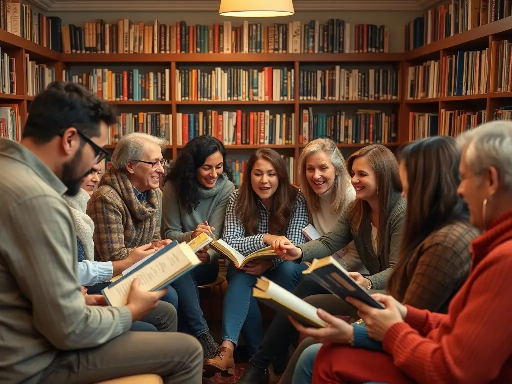A diverse group of community members participating in a literary workshop, discussing books and sharing ideas in a collaborative environment.