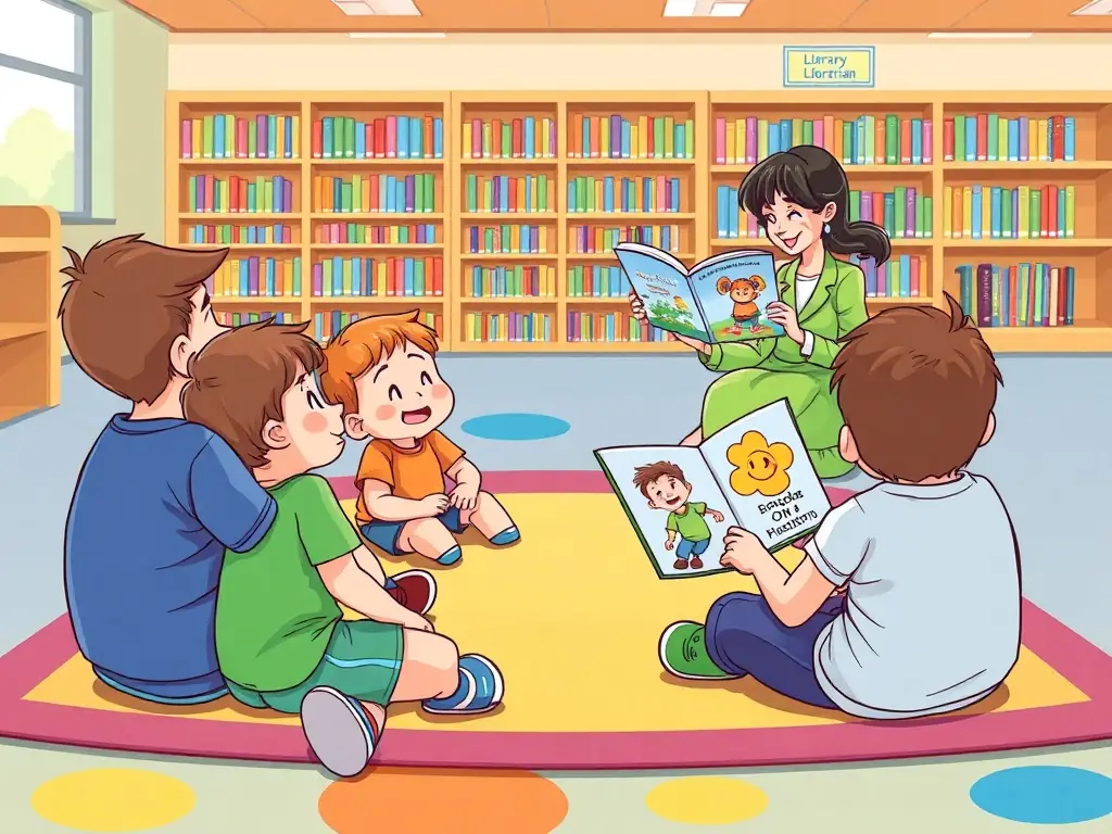 A group of children gathered around a storyteller in a library setting, captivated by the narrative, with books and colorful decorations surrounding them.