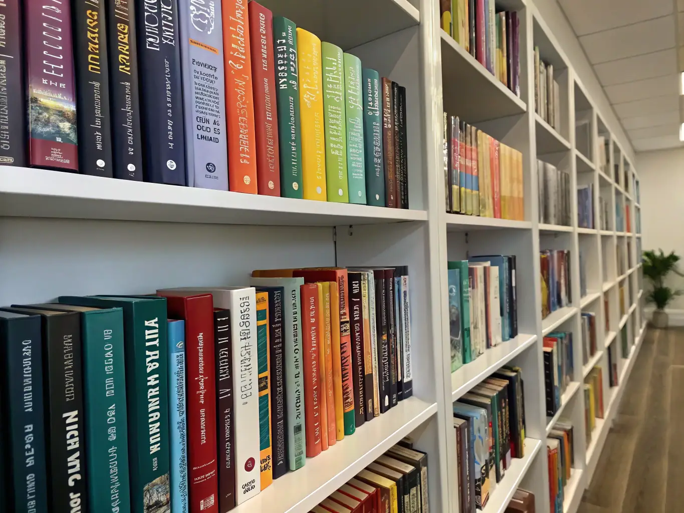 A photograph of a well-stocked library shelf, filled with books of various genres, representing the accessibility of knowledge and resources.