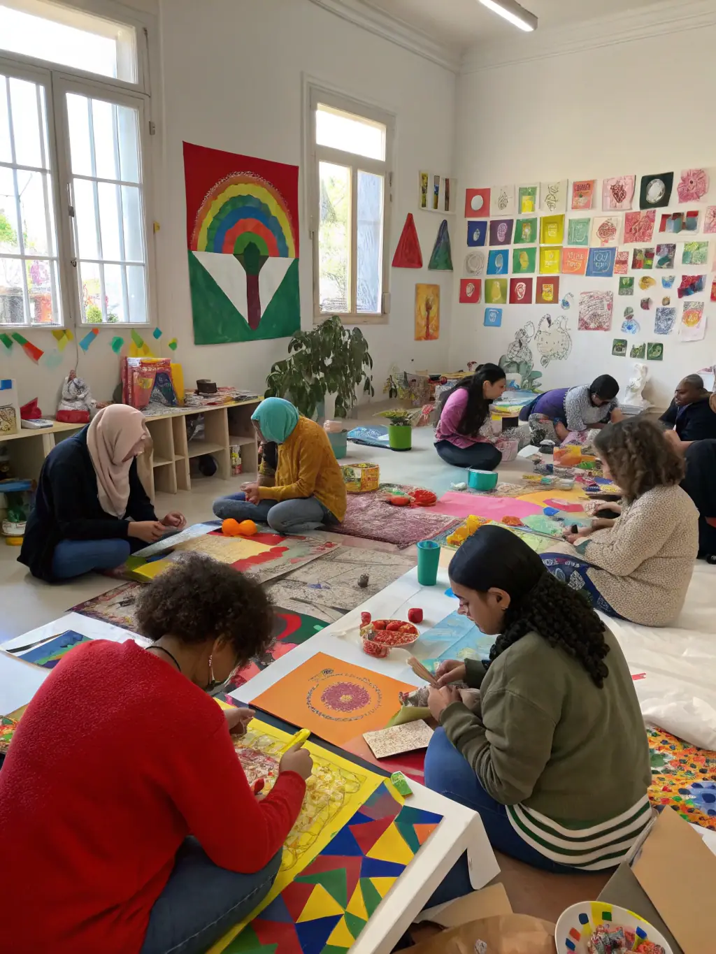 A vibrant photograph capturing a cultural workshop in progress at LES AMIS DU LIVRE. The image should feature participants of various ages actively engaged in storytelling, arts, and crafts, surrounded by colorful decorations and a lively atmosphere.