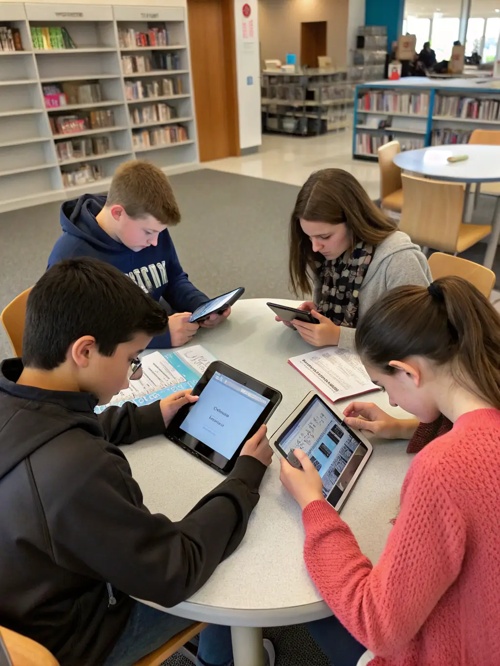 A photograph of students using computers and accessing online resources at the LES AMIS DU LIVRE library, with a librarian assisting them.