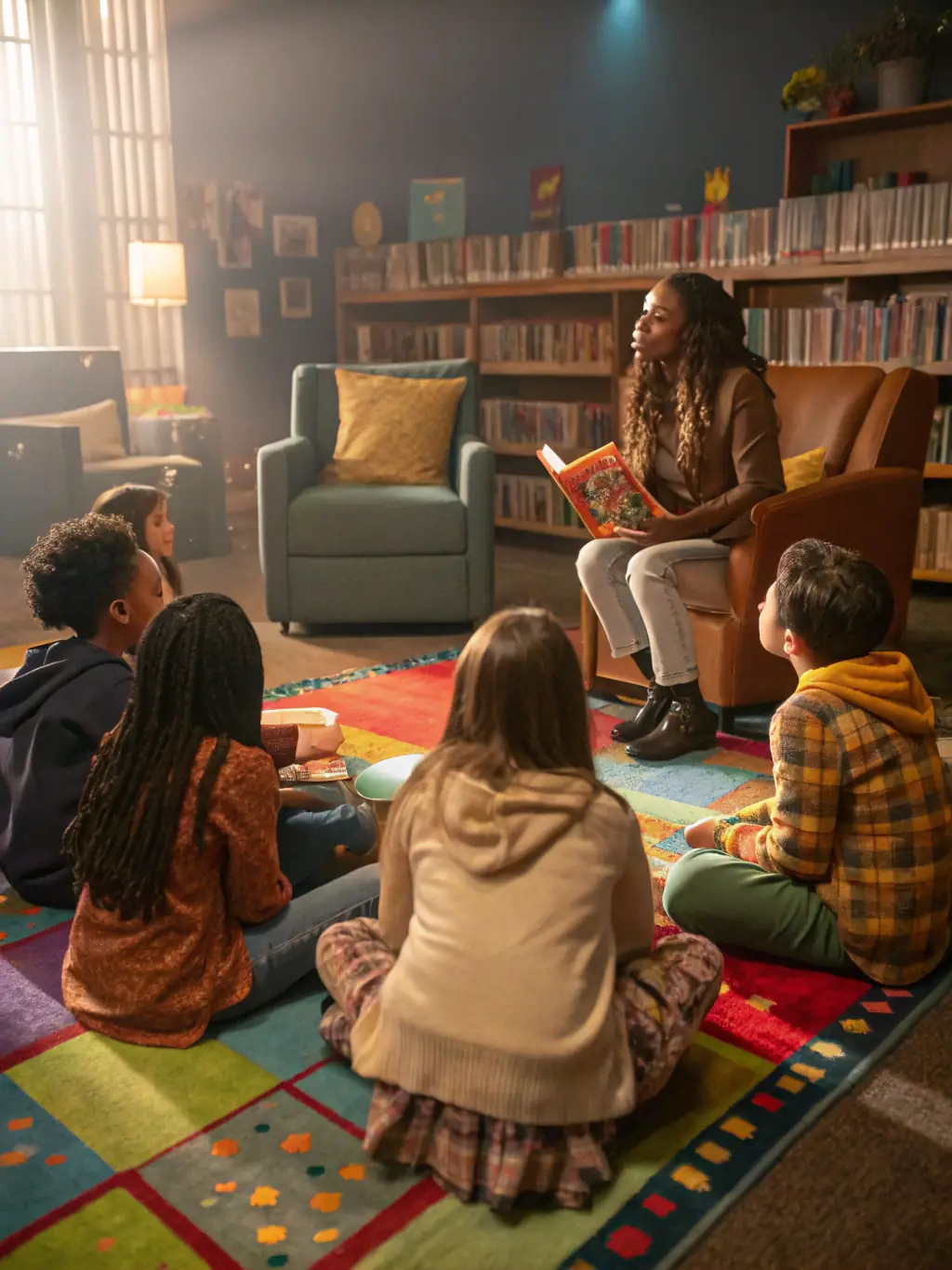 A vibrant image of a storytelling session at LES AMIS DU LIVRE, with children gathered around a storyteller, captivated by the narrative.