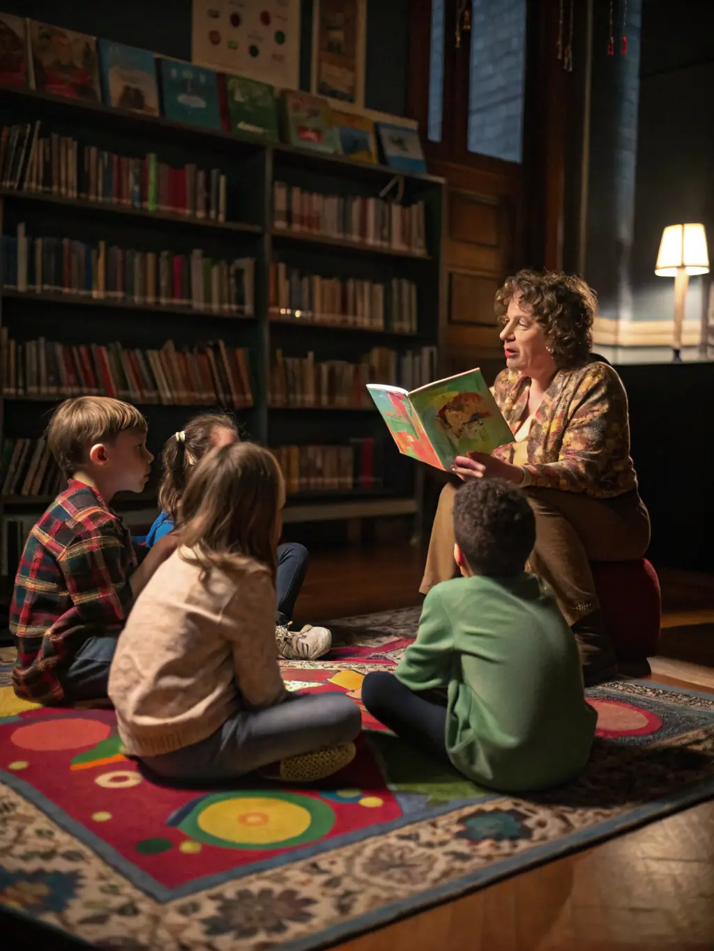 A brightly lit photo of children participating in a storytelling session at the LES AMIS DU LIVRE library, with a librarian reading aloud from a colorful picture book.
