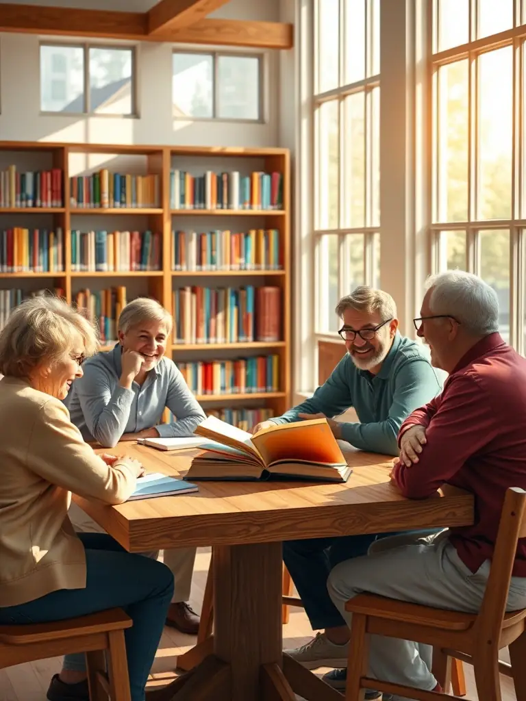 A photograph of adults attending a literary workshop at LES AMIS DU LIVRE, with participants actively discussing a book and taking notes.