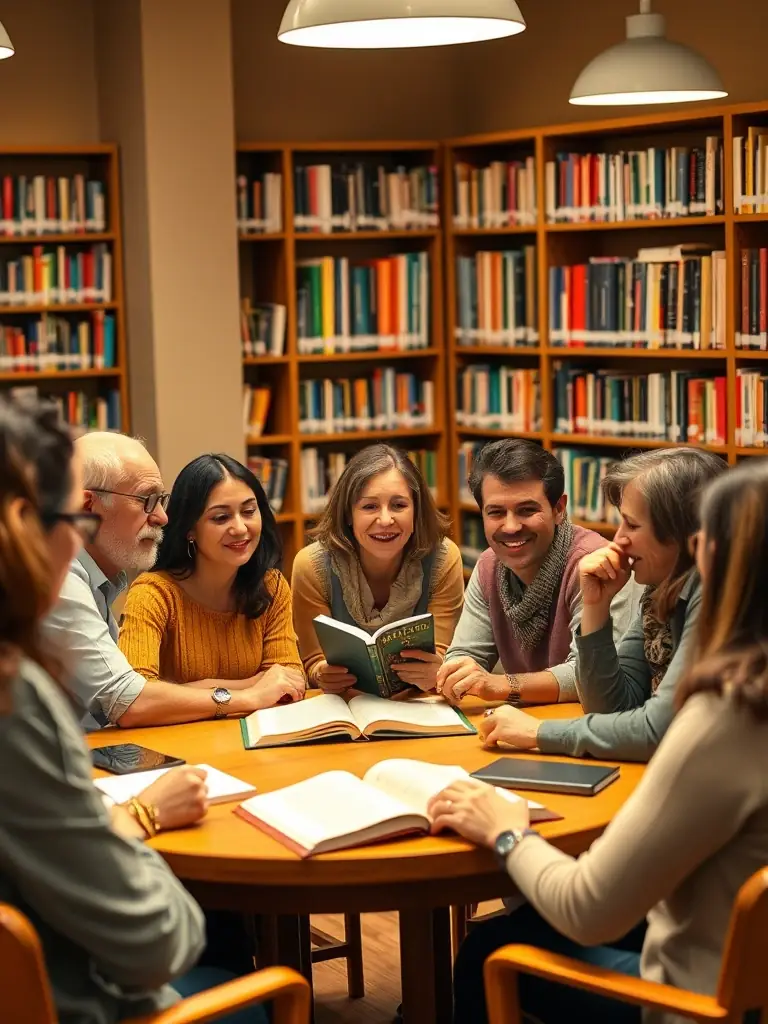 A group of adults participating in a literary workshop at LES AMIS DU LIVRE, discussing a book with the facilitator.