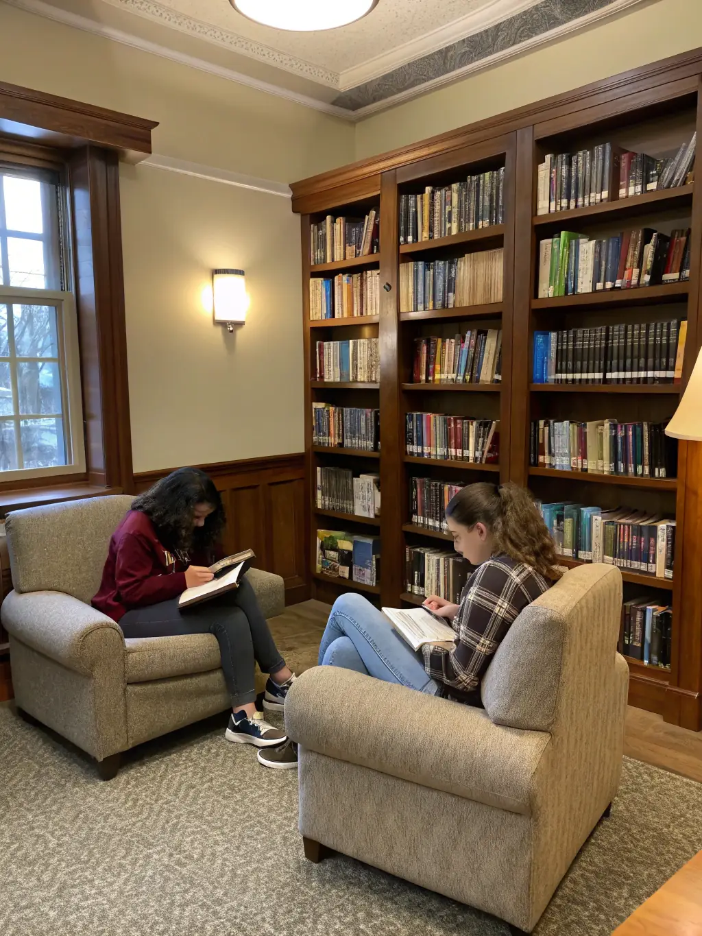 A photograph of the interior of the LES AMIS DU LIVRE library, showcasing shelves filled with books, comfortable reading areas, and patrons of various ages engaged in reading and studying.